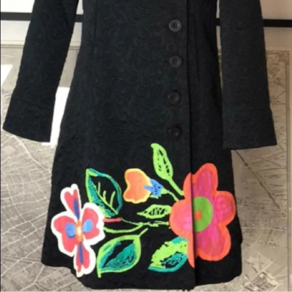 DESIGUAL Sz 38 Coat Colourful Floral Hem Relief Pattern Black Funnel Neck - Picture 14 of 14